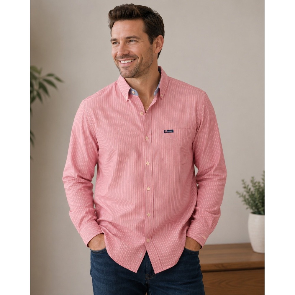 Chaps Men's Red Pinstripe Button-Down Shirt‎ – Large